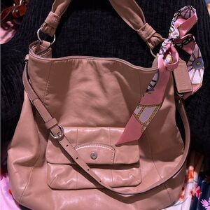 Coach Tan Leather Shoulder Bag with Pink Scarf